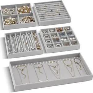 서랍용 14인치 벨벳 주얼리 스태커블 정리함 트레이 5개 세트 목걸이 귀걸이 반지 시계 팔찌용 탈착식