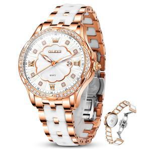 OLEVS 여성 세라믹 시계 럭셔리 샤이닝 다이아몬드 로즈 골드 시계 여성 아날로그 쿼츠 여성 원피스 시계 캐주얼 방수 손목 시계 Leloj para Mujer 데이 데이트 여성