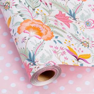 Merture Floral 포장지 롤에 핑크 분홍색 물방울 무늬가 거꾸로 - 어머니의 날 발렌타인데이 생일 결혼식 기념일을 위한 17인치 X 32.8피트(46.5평방피트)의 생생한 플라워 디자인 선물