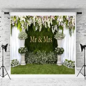 웨딩 아치 플라워 배경을 위한 일반적인 6x4피트 미스터 앤 미세스 배경 화이트 커튼 플로럴 잔디 벽