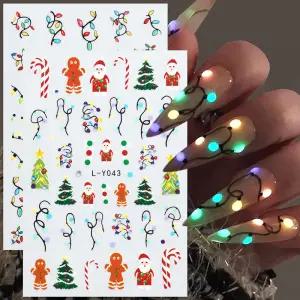 발광 랜턴 크리스마스 네일 아트 스티커 컬러 전구 트리 진저브레드맨 눈송이 DIY 장식