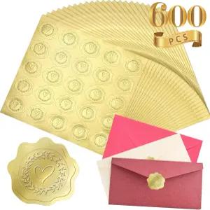 600 PCS 골드 웨딩 초대장 하트 스티커 엠보싱 왁스 씰 봉투 봉투용 금박 발렌타인데이 결혼 크리스마스