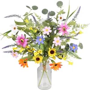 GTIDEA 2 번들 인조 데이지 꽃 가짜 실크 봄꽃 알록달록한 야생화 꽃다발 가정용 실내 테이블 꽃병 결혼식