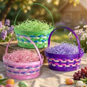 란프 부활절 바구니 3개 세트 달걀 사냥 사탕 피크닉 및 봄 가정 장식 위커 바구니(핑크 퍼플 그린)를 위한