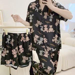 쉬블림로브 3피스(반팔+반바지+긴바지) 여성 홈웨어 곰인형 잠옷 세트 GGWD0419