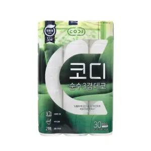 코디 순수 3겹 데코 화장지 30m x 30롤/두루마리/깨끗한나라/크리넥스/티슈/업소용/화장실/휴지/롤티슈