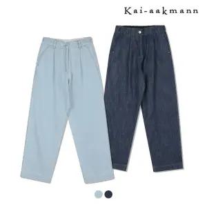 [카이아크만]여)린넨라이크 데님워싱 1/2밴딩 플리츠 와이드(FKRMDDW570P)