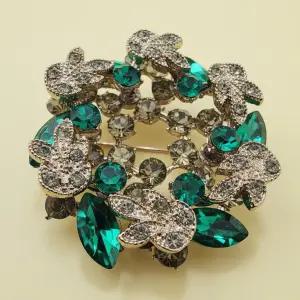 럭셔리 플라워 보석 큐빅 그린 코사지 여성 브로치 정장 포인트 악세사리 빈티지 안티크