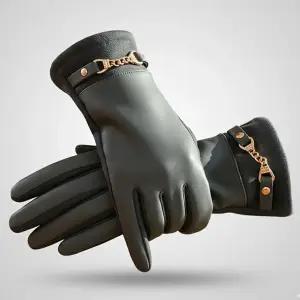 양가죽 질감 스웨이드 골드 체인 여성 방한 터치 장갑 카키