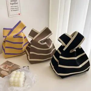 배색 스트라이프 니트 봉지가방 토트백 손가방 니트백 RjC4+1DEp