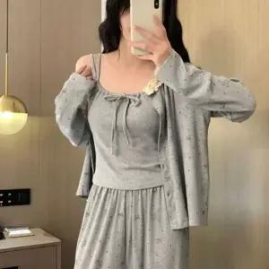 여성용 레이스 패드 내장 신축성 파자마 3피스 홈웨어