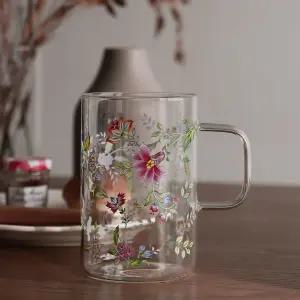 프로방스 플라워 머그컵 500ml빈티지유리 집들이선물 머그 꽃유리잔 홈카페 유리 무늬 머그잔