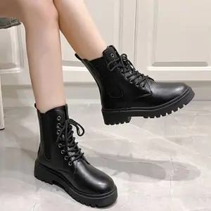 여성 세련된 워커 깔끔한 쉐입 레더 질감 스티치라인 패션 통굽 워커