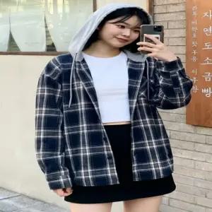 여성용 오버핏 후드 체크 남방 레이어드 셔츠 자켓