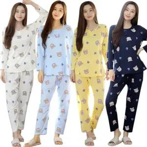 여성 파자마 피치 스판 긴팔 잠옷 세트 봄 홈웨어 여자 실내복 원피스