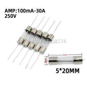 20PCS 5x20MM 유리 퓨즈 250V 0.5A 1A 2A 3A 3.15A 4A 5A 6.3A 8A 리드 튜브