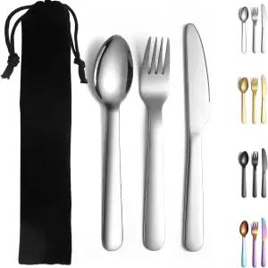 에반다 3피스 휴대용 실버웨어 세트 나이프 포크 스푼 블랙백이 포함된 캠핑 커틀러 가정용 주방 여행용
