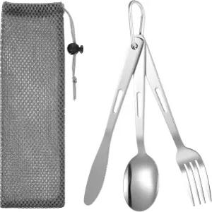 휴대용 가방이 포함된 DOPENSPI 3PCS 캠핑 도구 세트 스테인리스 스틸 캠프 플랫웨어 초경량 포크 나이프