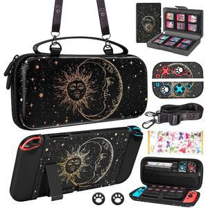 구르기탯 9in1 썬 문 위치 스위치 케이스 - 닌텐도 휴대용 수납 악세사리 번들 키트 엄지 그립 + 게임 홀더 도킹 가능한 피부 어깨 스트랩 여행용 파우치 가방 스티커