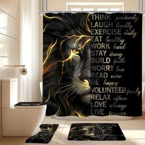 러그와 변기 뚜껑 커버가 있는 블랙 골드 라이온 샤워 커튼 세트 4개 영감을 주는 인용문 방수 패브릭 욕실