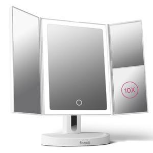 Fancii LED 조명 베니티 메이크업 미러 5배 10배 배율의 충전식 트리플폴드 - 68개의 디밍 가능한 자연광 터치스크린 화장품 스탠드가 있는 최고의 조절가능