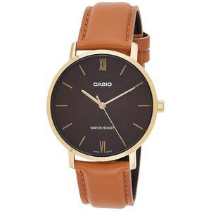 카시오 MTP-VT01GL-5B 남성 미니멀한 골드 톤 브라운 가죽 밴드 버건디 다이얼 3핸드 아날로그 시계