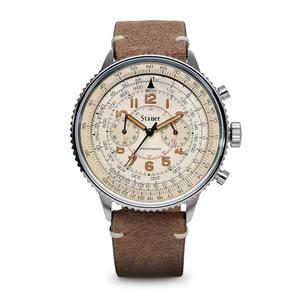 스테인리스 스틸 케이스와 브라운 가죽 밴드가 있는 스타우어 공동 조종사 남성 크로노그래프 시계