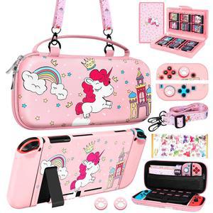 닌텐도 스위치용 구르기탯 9in1 유니콘 스위치 케이스 휴대용 및 수납 액세서리 번들 키트 엄지 그립 + 게임 홀더 도킹 가능한 스킨 어깨 스트랩 여행용 파우치 가방 스티커