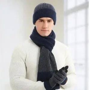 남자목도리 남성 중년 겨울 배색 기모비니 목도리 터치장갑 세트