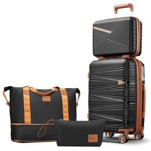 트래블레오 4개 기내 반입 수하물 세트 20인치, 분리 가능한 스피너 휠 및 TSA 잠금 장치가 있는 확장 PP 하드쉘 여행 가방, 화장품 케이스, 여행용 토트 & 세면도구 경량(블랙) 포함