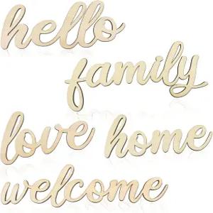 자루아투 5개 미완성 나무 간판 컷아웃 헬로 웰컴 러브 홈 가족 레터 블록 화환 공예 장식용 단어