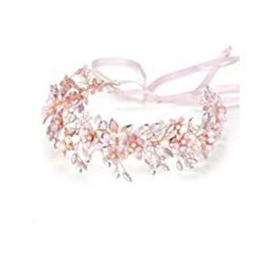 신부를 위한 천연 담수 진주와 리본 헤어 액세서리가 포함된 오리아무르 웨딩 헤드밴드 브라이드 헤드피스 플라워 디자인 (로즈 골드)