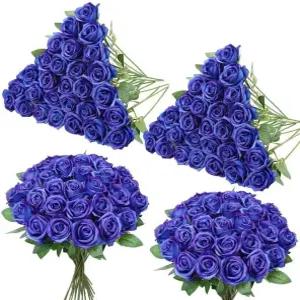 80개의 장미 인조 꽃 실크 로얄 블루 로즈 가짜 꽃잎 롱 스템 결혼 부케 홈 파티 장식용