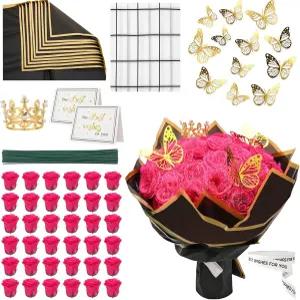 36 PCS 핫 핑크 글리터 장미 꽃다발 키트 줄기 나비 왕관 포장지 카드 결혼식 리본 휴일 어버이날 생일 DIY