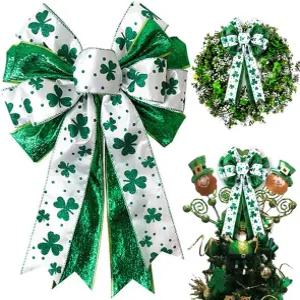 화환 장식용 세인트 패트릭스 데이 보우 11.4 * 19.6인치 대형 화이트 그린 글리터 샴록 보우노트 아일랜드