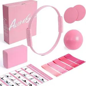 여성용 롱송 필라테스 키트 5개의 저항 밴드가 있는 13.7인치 실리콘 링 요가 볼 1개 블록 코어 슬라이더