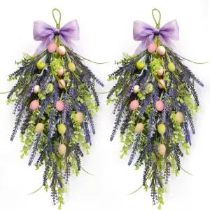 2팩 22인치 이스터 스웨그 캐비닛용 라벤더 티어드롭 화환 계란 포함 인공 스프링 걸이 농가 현관 창문