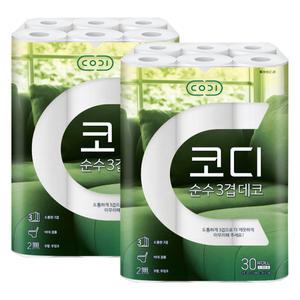 쌍용씨앤비 코디 순수 3겹 데코 30m 30롤 2팩 휴지