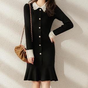 [디작소]여성 가을 겨울 롱 레이스 니트 원피스