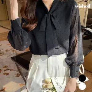 페미닌 리본넥 도트 쉬폰 블라우스 (WIACBL047)