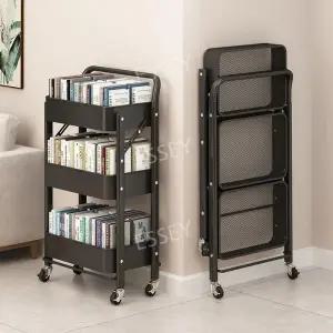 3단 책꽂이 접이식 바퀴달리 북트롤리 이동식북카트 블랙 튼튼한