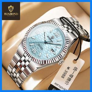 빈본드 고품질 오리지널 남성용 시계 방수 야광 날짜 고급 남성 시계 스테인리스 스틸 쿼츠 남성 시계