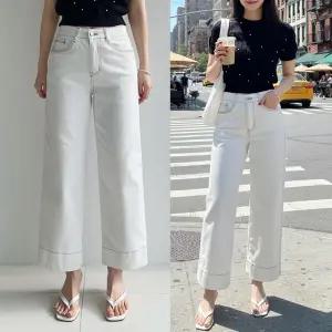 크림스티치팬츠 봄 하우룩 밴딩 크롭 데님팬츠 와이드