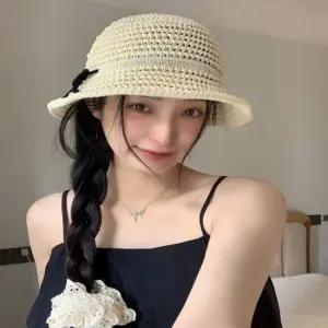 여성 여름 신축성 왕골짜임 리본포인트 버킷햇 벙거지 비치캡 왕골모자 라탄모자