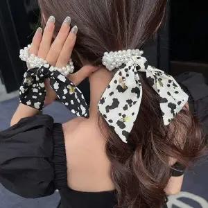 여성 269GFI93 2컬러 얼룩무늬 패턴 리본 진주 스카프 머리끈