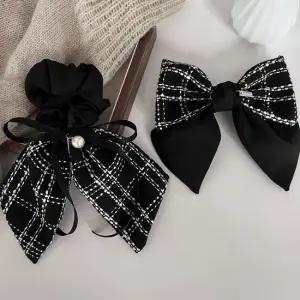 LOTOA-25 체크 패턴 빅리본 헤어끈 헤어핀 2종 세트 클래식머리끈 클래식머리핀