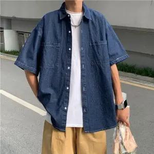 남성 캐주얼 오버핏 2컬러 데님 반팔 셔츠 청남방
