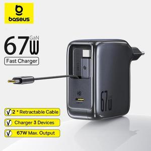 베이스어스 67W 100W 고속 충전기 GaN 충전기 USB C 리트랙터블 케이블 폰 충전기 아이폰 호환 삼성 호환