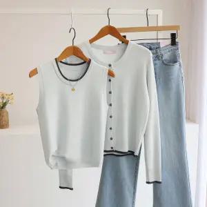 [잇수다] (SET) 베리베 라인배색 라운드 울 니트 가디건 + 나시 세트