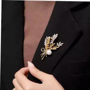 부토니에 황금 복고 레트로 밀 잎사귀 진주 리본 브로치